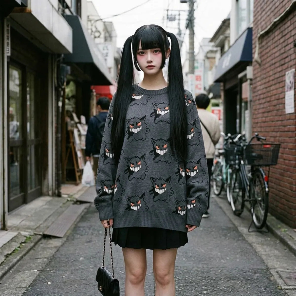 Anthrazitgrauer Gengar Sweatshirt mit durchgehendem Geistergesicht-Jacquardmuster von vorne