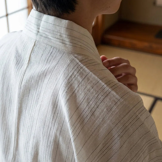Gestreifter Kimono Herren von hinten mit klarer Linienführung