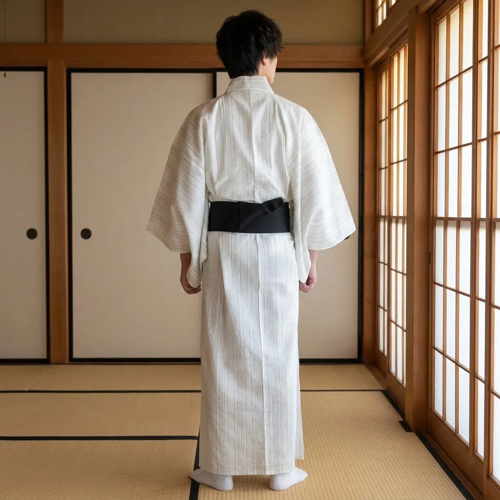 Rückansicht des gestreiften Herren-Kimonos mit minimalistischem Streifenmuster