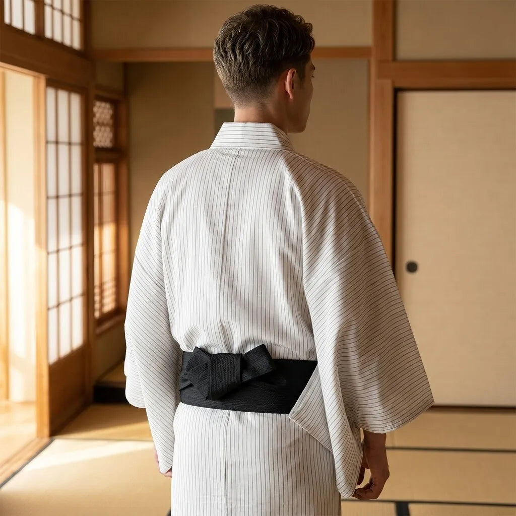 Detailansicht des gestreiften Kimono-Stoffs von hinten mit Streifenmuster