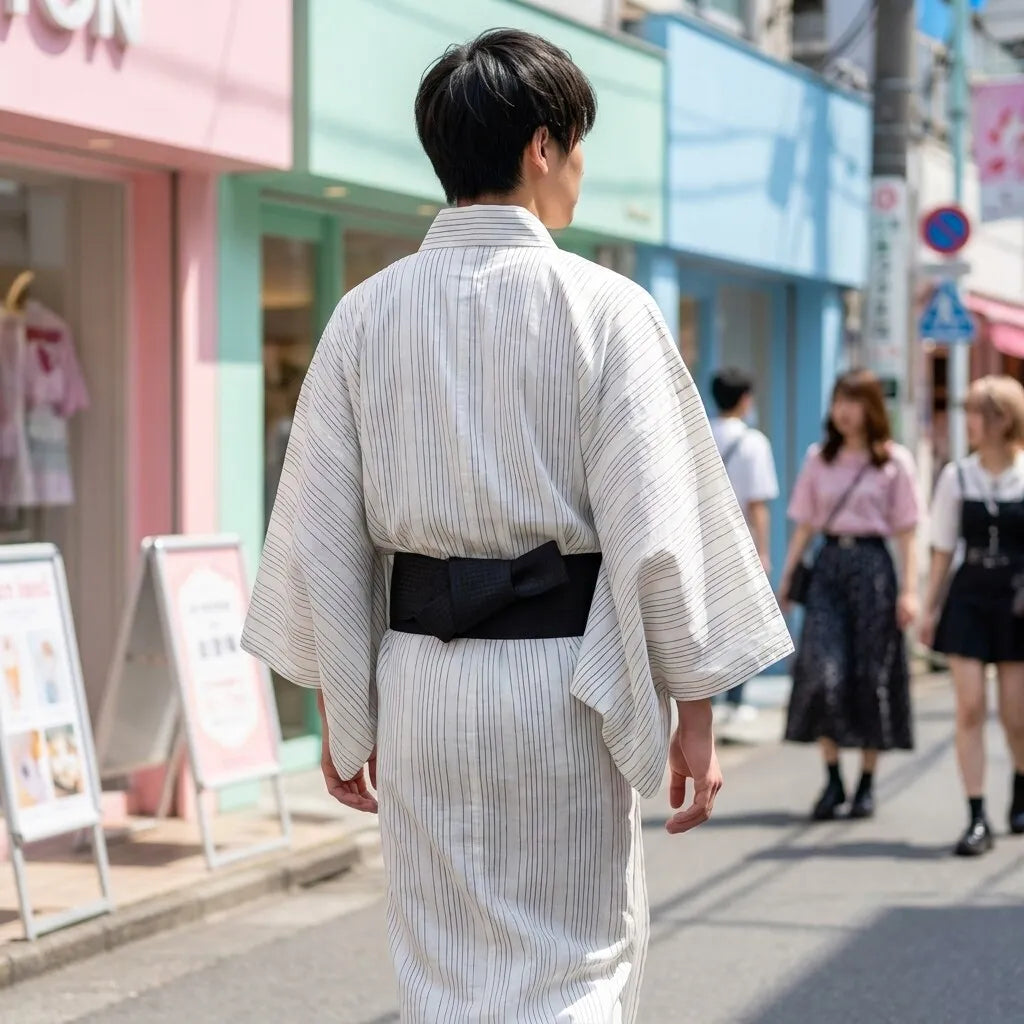 Gestreifter Herren-Kimono in lässigem Streetwear-Look von hinten fotografiert
