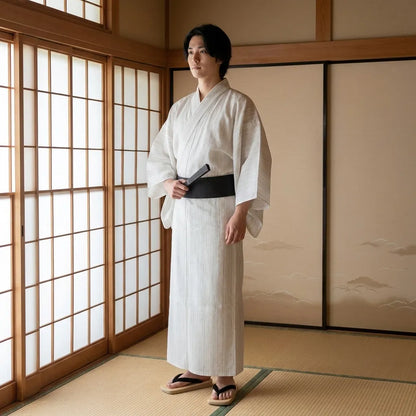 Mann trägt gestreiften Kimono mit vertikalen Linien im Sommerstil