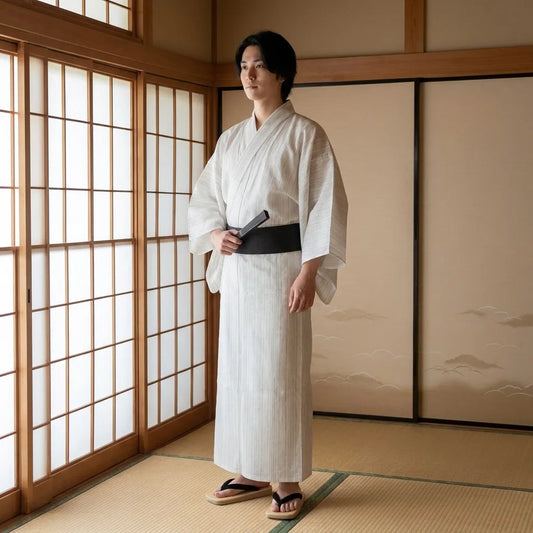 Mann trägt gestreiften Kimono mit vertikalen Linien im Sommerstil