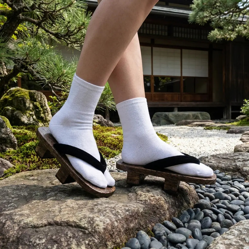 Geta Damen Sandalen aus warmem braunem Holz mit schlichtem schwarzem Riemen