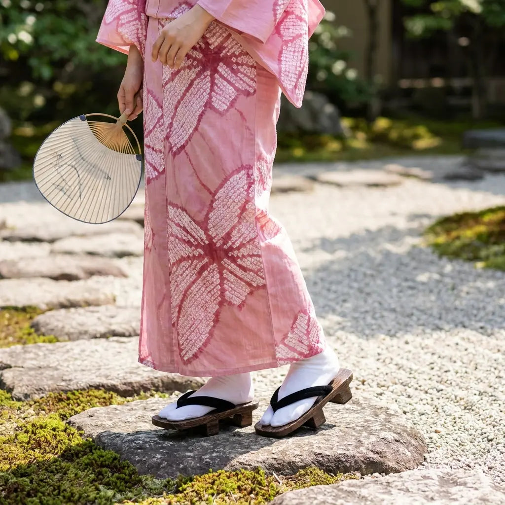Geta Damen Sandalen getragen mit einem rosa Kimono im japanischen Garten