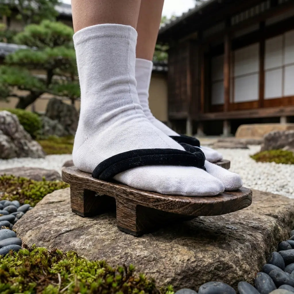 Seitenansicht der Geta Damen Sandalen mit zwei stützenden Holzzähnen