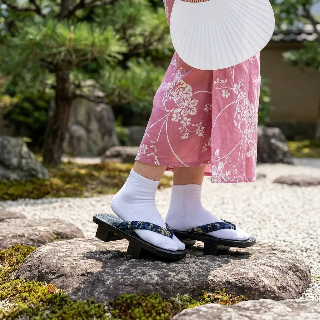 Geta Holzsandalen getragen mit einem rosa Kimono im japanischen Garten