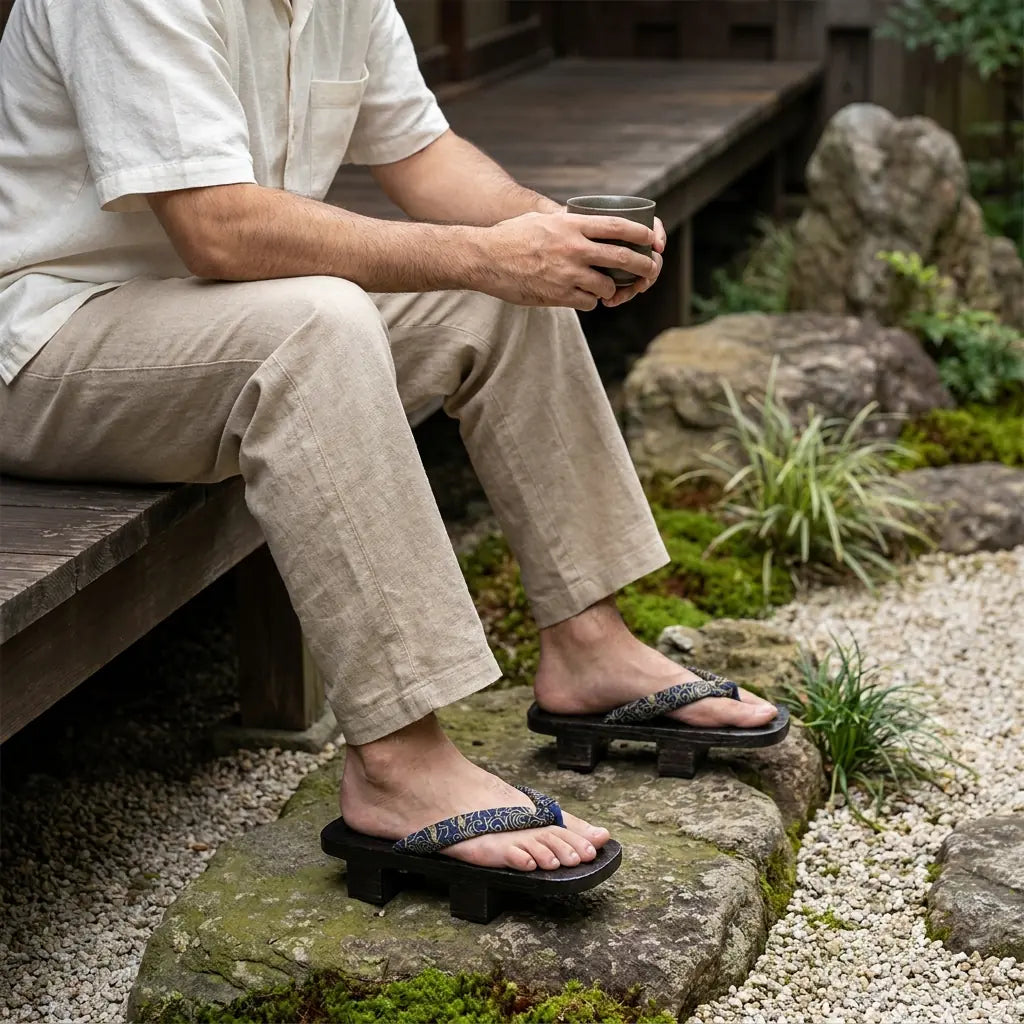 Geta Holzsandalen getragen mit weißen Tabi-Socken von einem sitzenden Mann im japanischen Garten