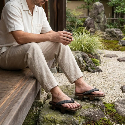 Geta Japanese Seigaiha worn with white tabi socks by a seated man in a Japanese garden