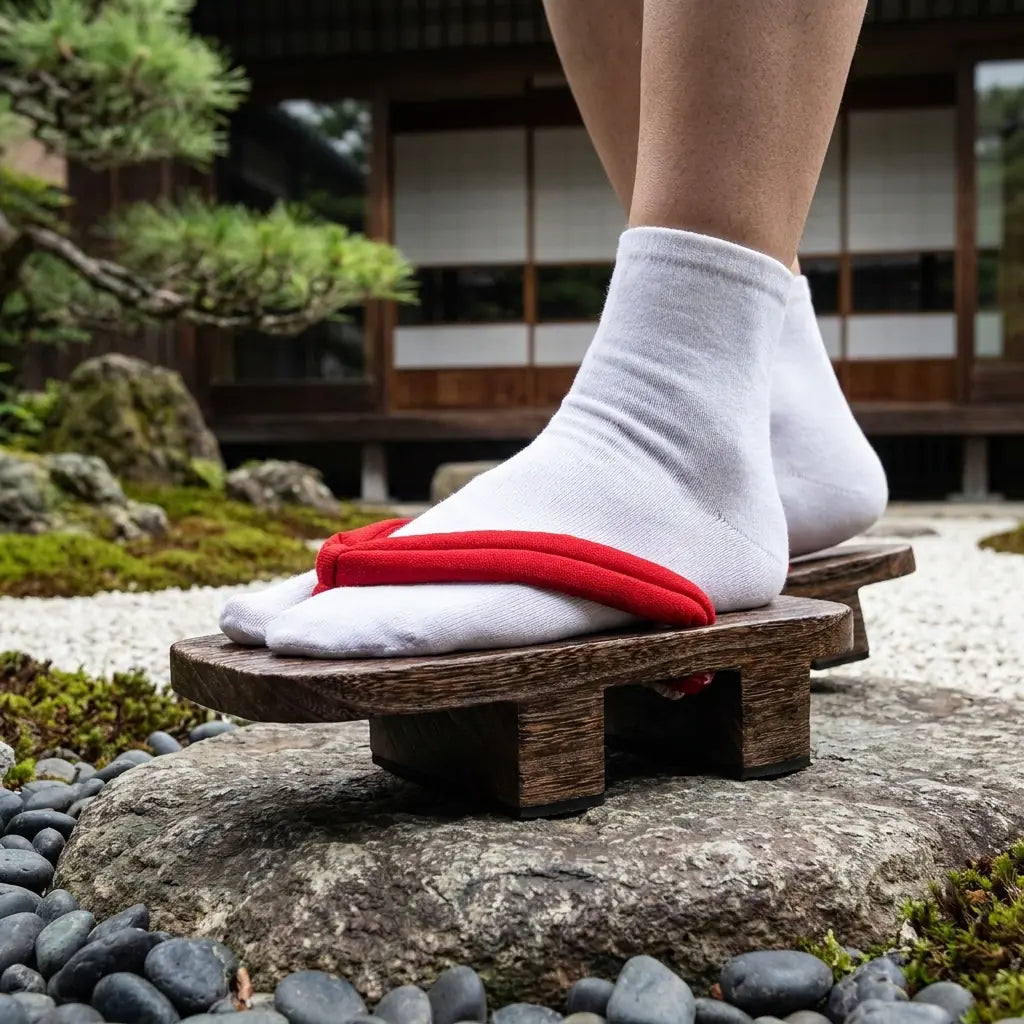 Japanische Geta Sandalen mit weißen Tabi-Socken auf einem Gartenstein getragen