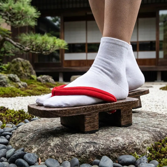 Japanische Geta Sandalen mit weißen Tabi-Socken auf einem Gartenstein getragen