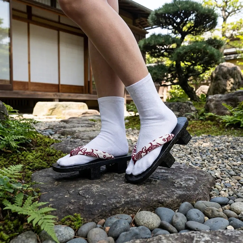 Geta Sandalen Damen mit Bordeaux Hanao und dunklem Holz im japanischen Garten
