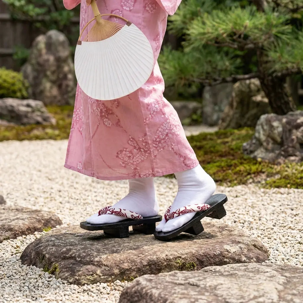 Geta Sandalen Damen in Bordeaux zu einem rosafarbenen Kimono im japanischen Garten