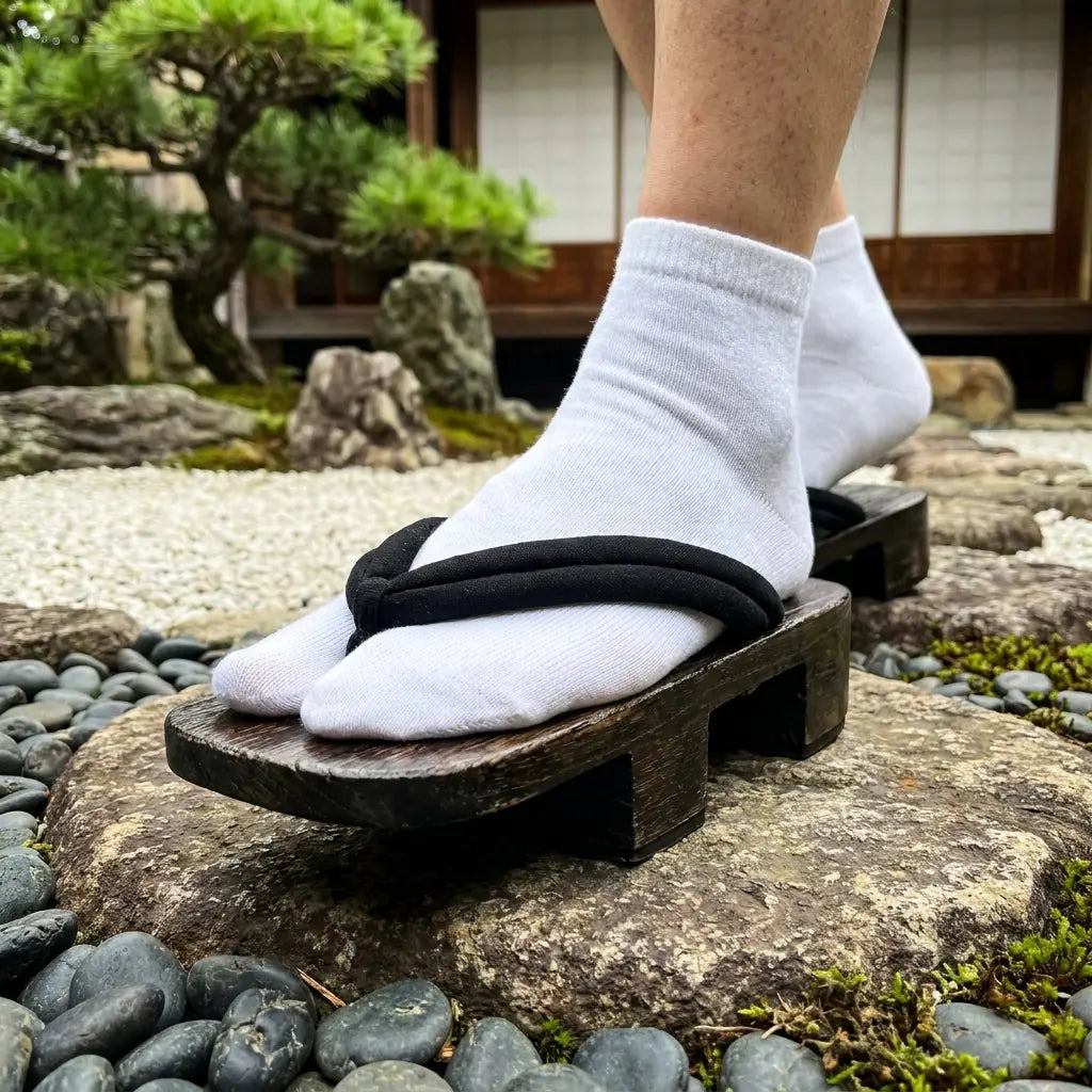 Nahaufnahme des dicken geflochtenen Hanao-Riemens an den Geta Sandalen