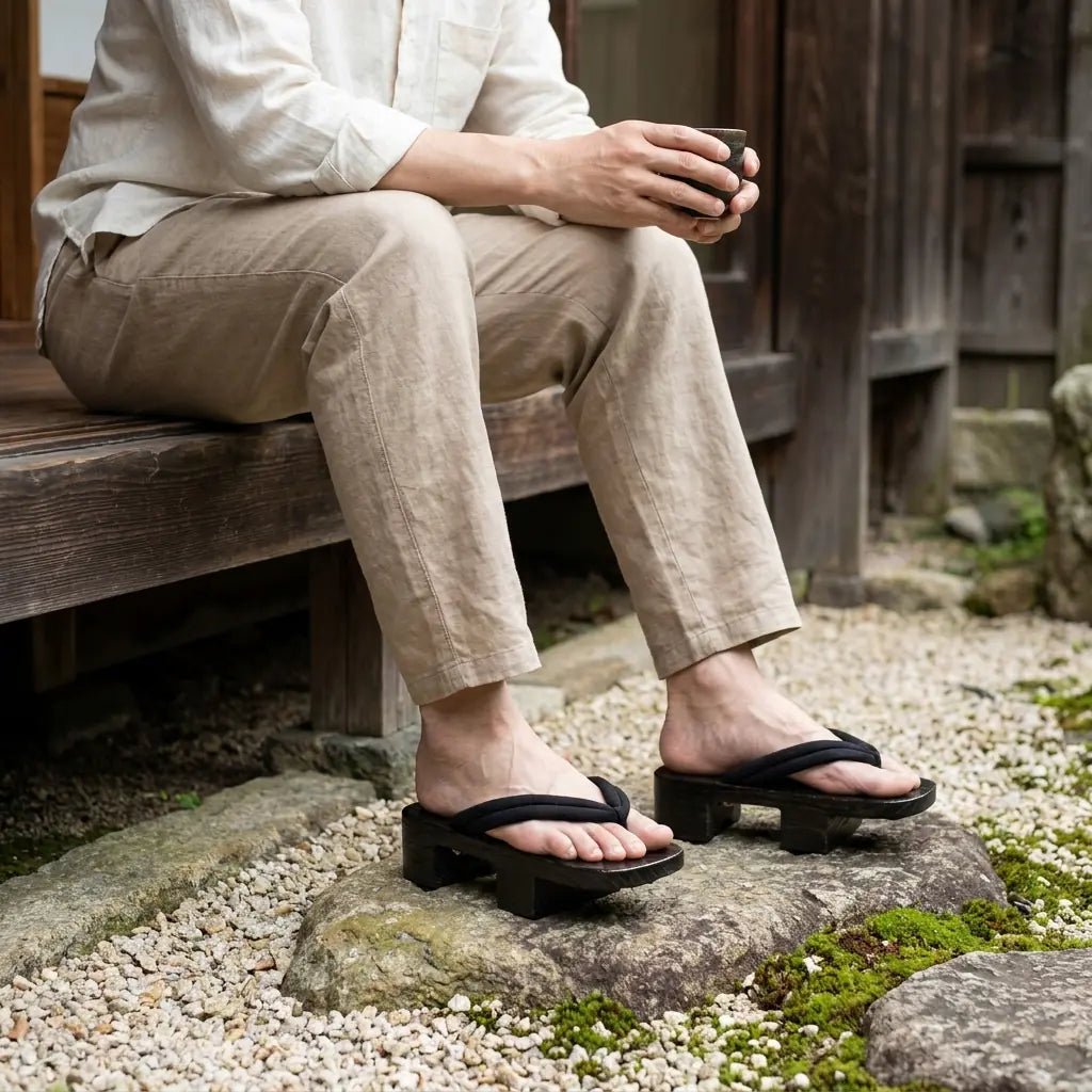 Geta Sandalen Damen getragen mit weißen Tabi-Socken im japanischen Garten