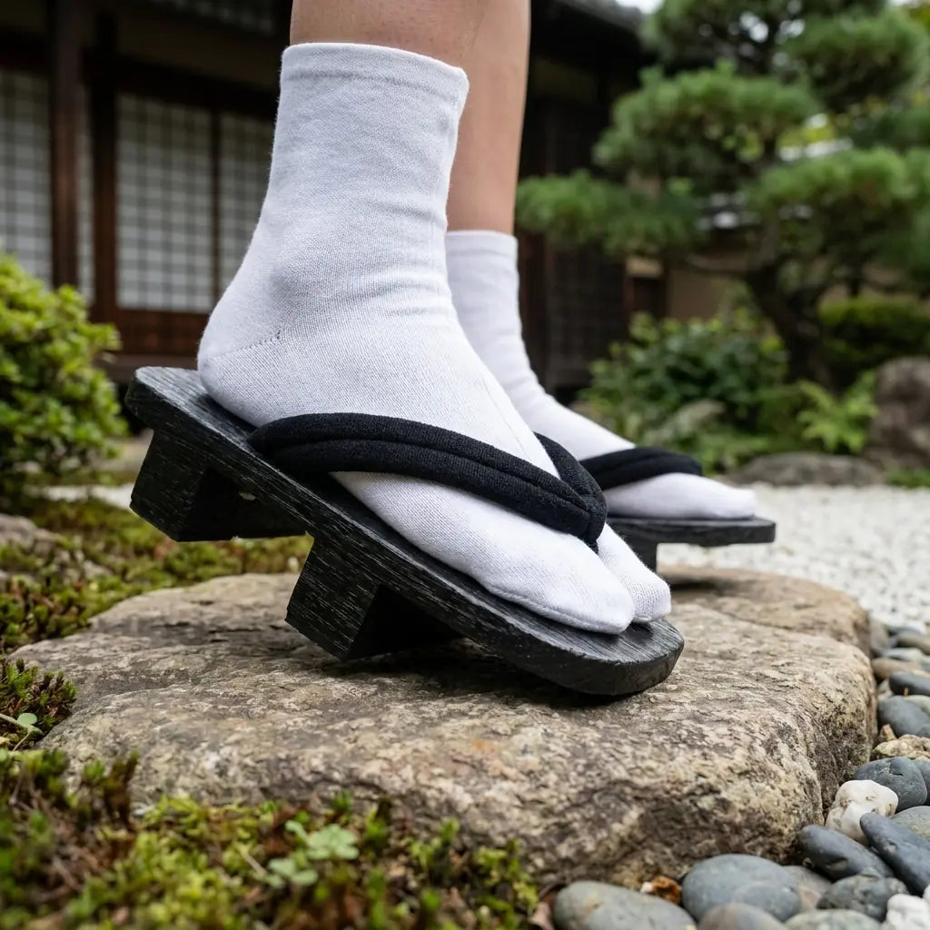 Draufsicht der Geta Sandalen mit flachem schwarzem Hanao-Riemen