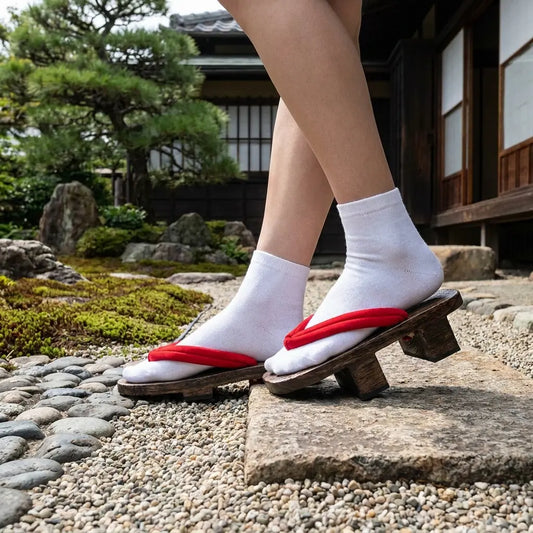 Geta Sandalen aus Holz in Dreiviertelansicht in einem japanischen Garten