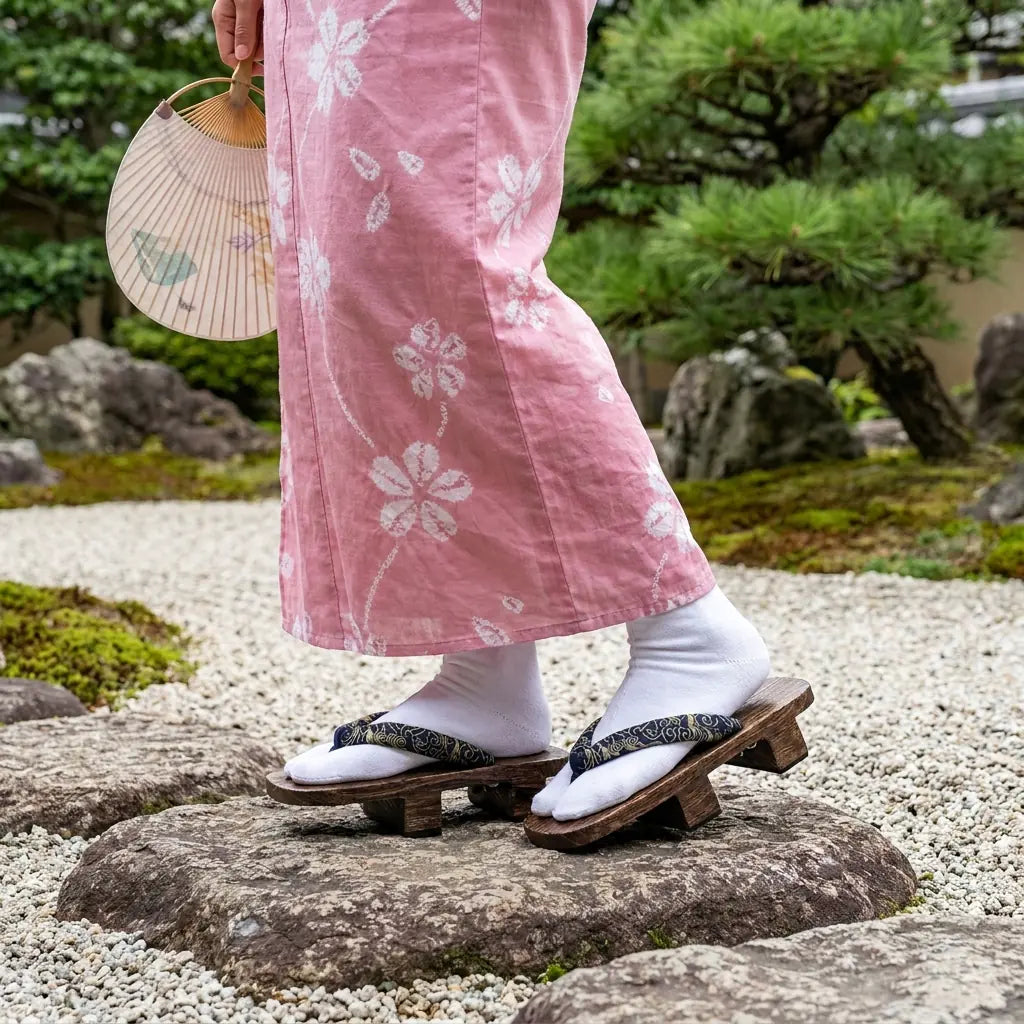 Geta Sandalen getragen mit einem rosa Kimono in einem japanischen Garten