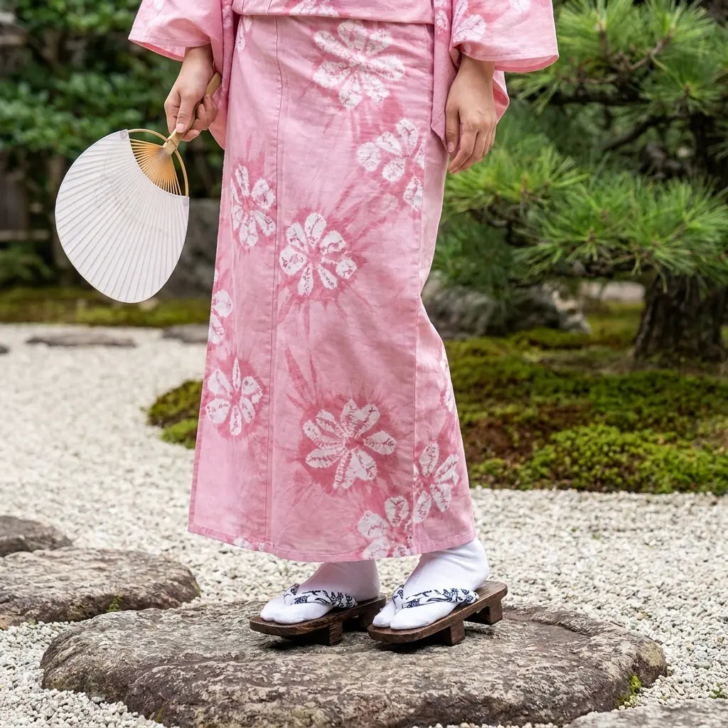 Geta Sandalen getragen mit einem rosa Kimono im japanischen Garten