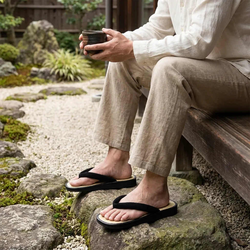 Sitzender Mann trägt Geta Sandalen mit weißen Tabi-Socken im japanischen Garten
