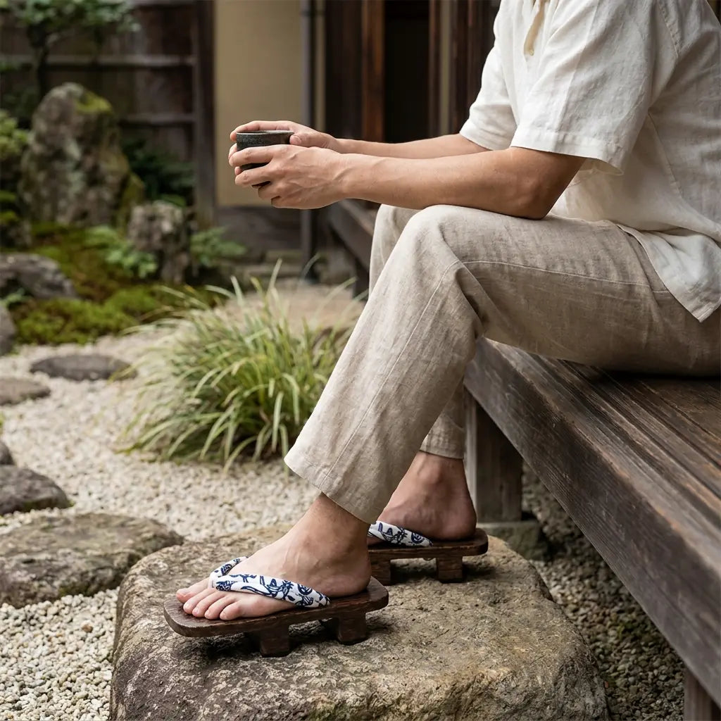 Geta Sandalen getragen mit weißen Tabi-Socken im japanischen Garten