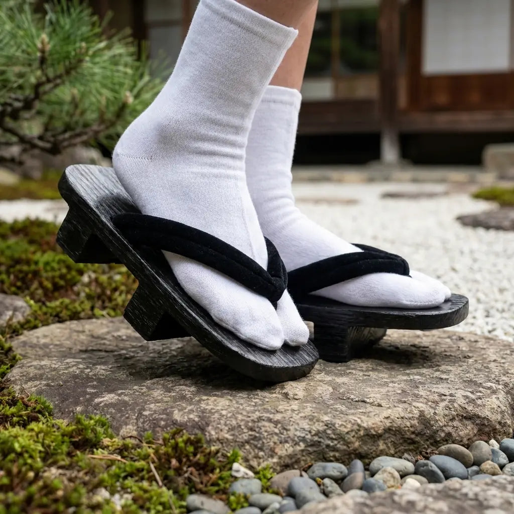Nahaufnahme von oben zeigt schwarzen Hanao-Riemen der Geta Sandalen