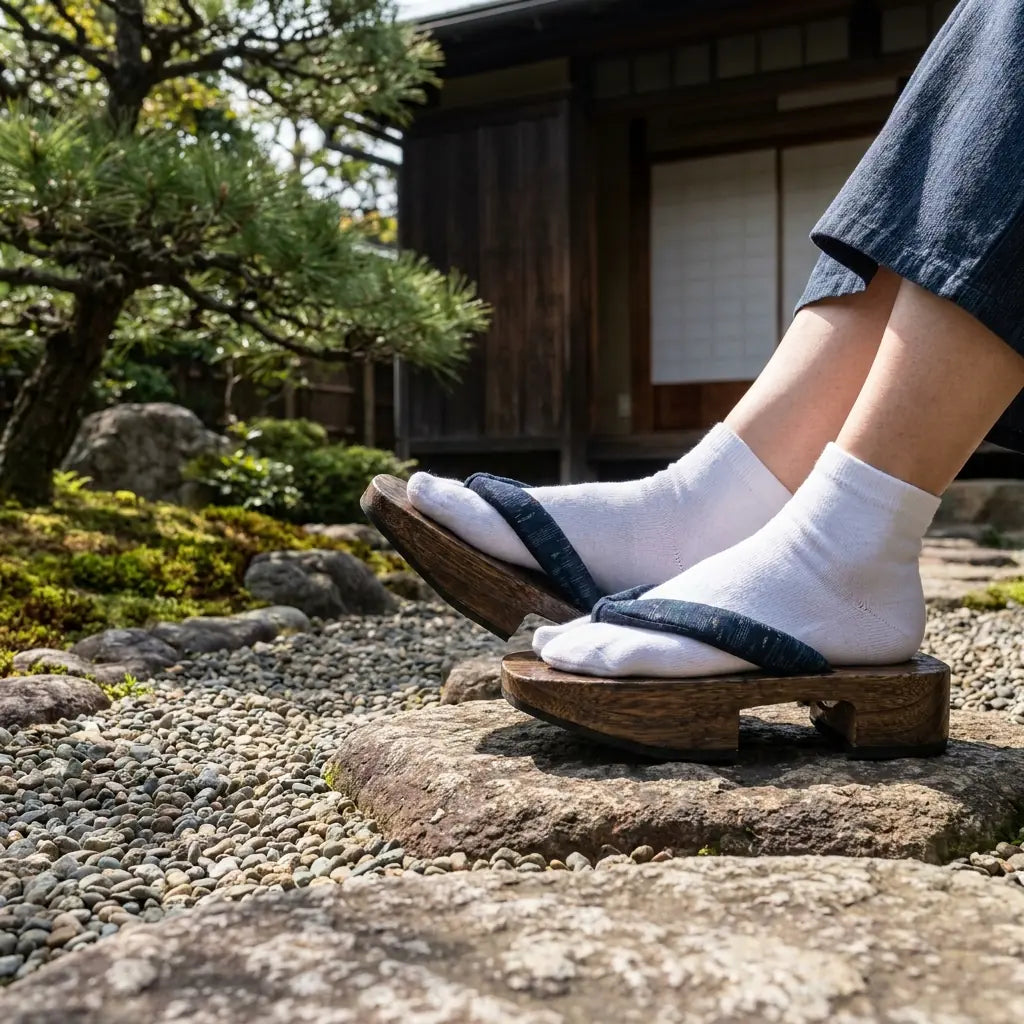 Frontansicht der Geta Sandalen Herren mit dunklem Holz und indigoblauem Hanao-Riemen