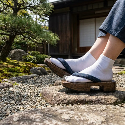 Frontansicht der Geta Sandalen Herren mit dunklem Holz und indigoblauem Hanao-Riemen
