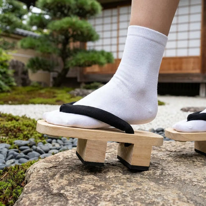 Draufsicht auf Geta Sandalen aus Holz mit schwarzem Riemen