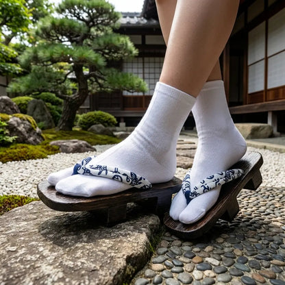 Geta Sandalen mit marineblauem Blüten-Hanao Riemen in einem Gartenambiente