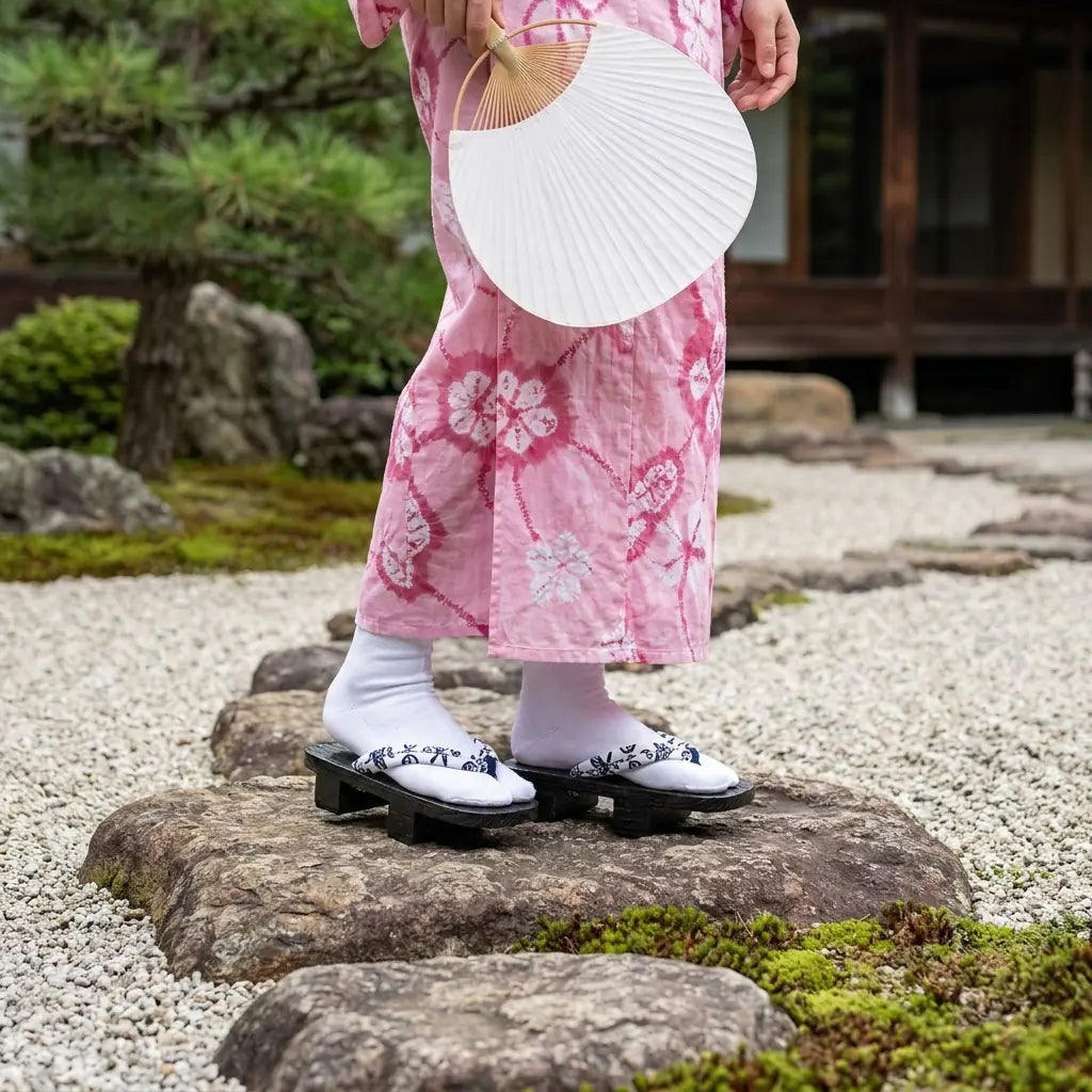 Geta Sandalen aus Holz getragen mit einem rosa Kimono im japanischen Garten