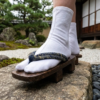 Nahaufnahme der warmen braunen Holzmaserung von Geta Sandalen mit Karakusa Hanao