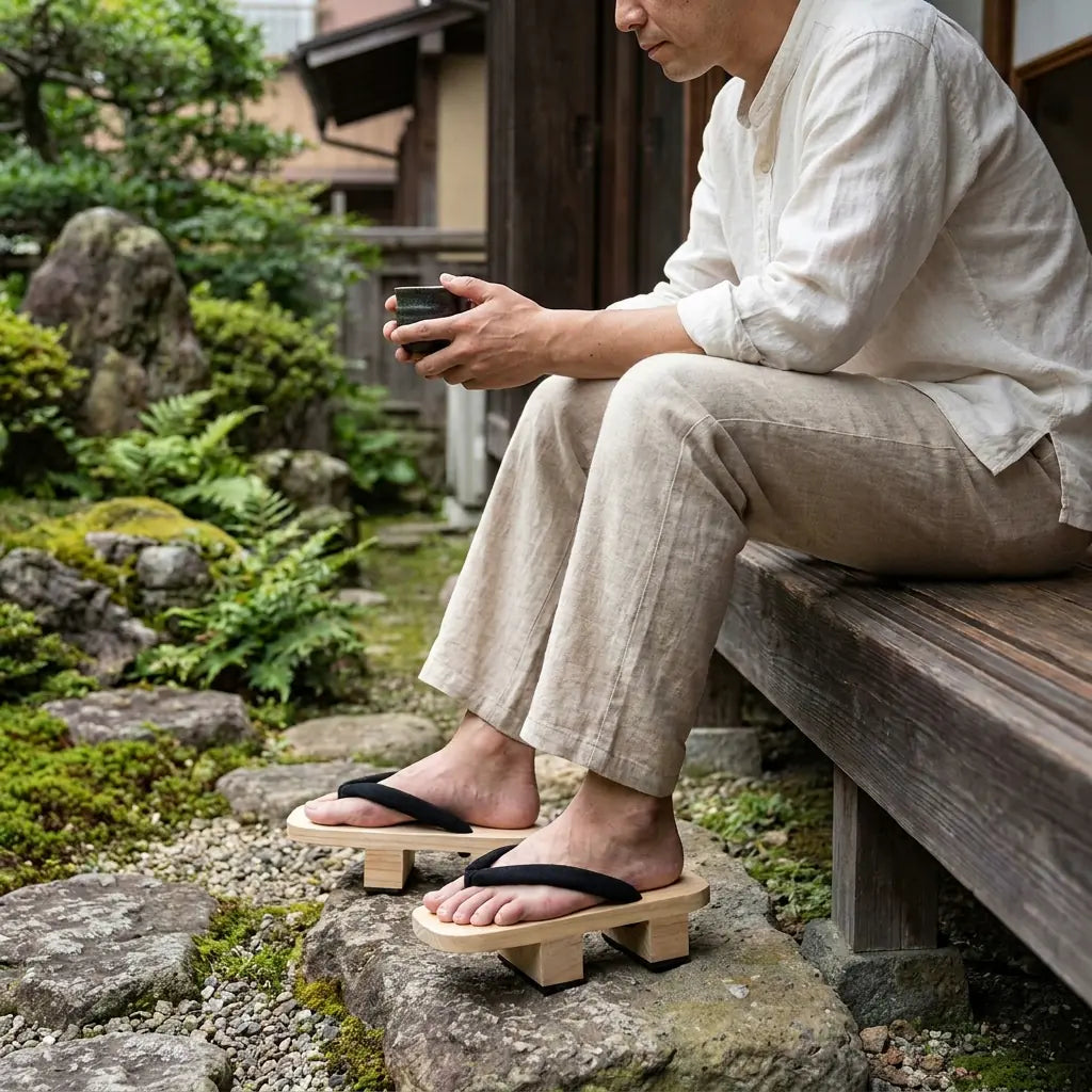 Mann sitzt im japanischen Garten und trägt Geta Sandalen mit weißen Tabi Socken