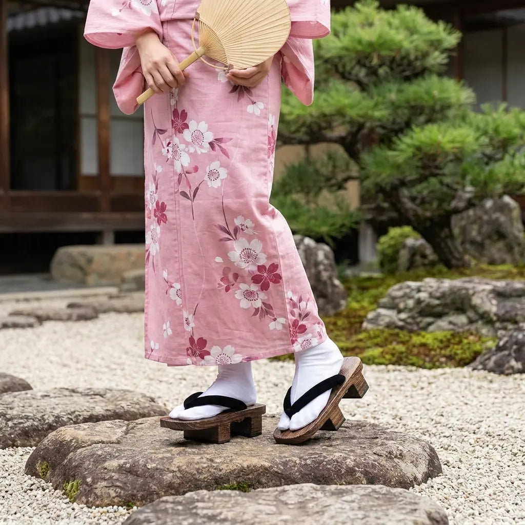 Geta Sandalen aus Holz kombiniert mit einem rosa Kimono im Garten