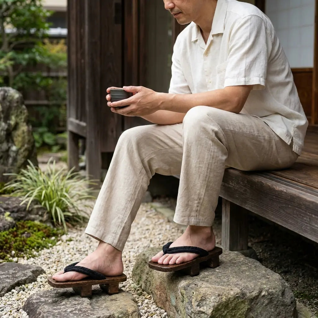 Geta Sandalen getragen mit weißen Tabi-Socken in einem japanischen Garten
