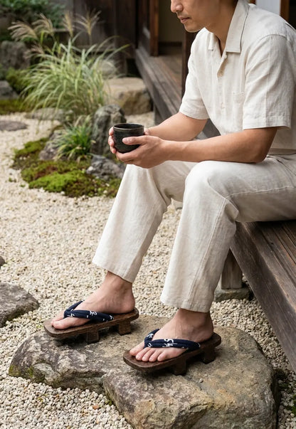 Geta Sandalen getragen mit weißen Tabi-Socken