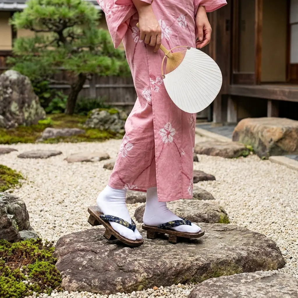 Geta Sandalen getragen mit einem rosa Kimono im japanischen Garten