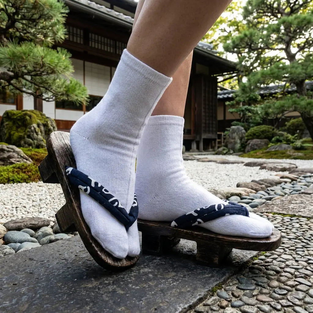 Geta Sandalen aus dunklem Holz mit navyblauem beschriftetem Riemen im Garten