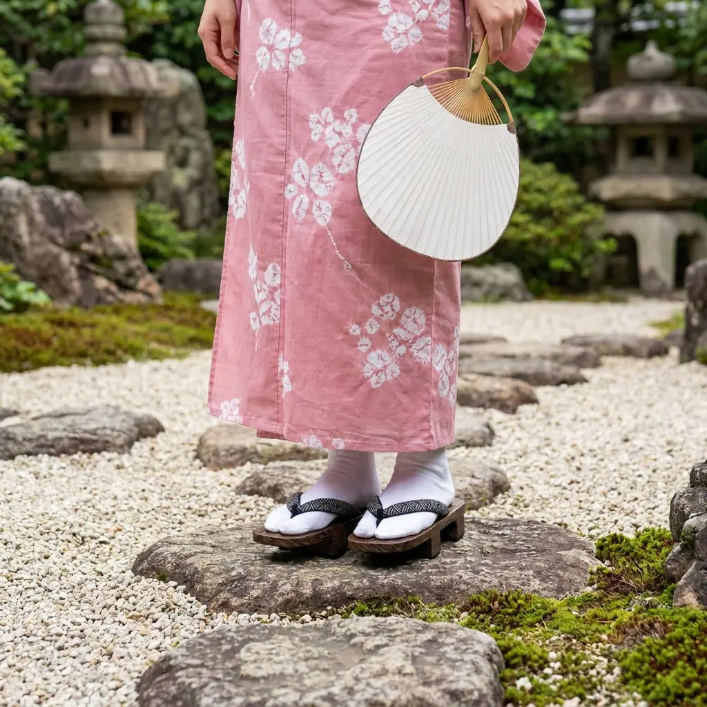 Geta Sandalen im Seigaiha-Stil mit einem rosa Kimono im Garten getragen