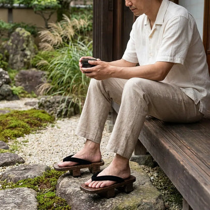 Mann sitzt im japanischen Garten und trägt Geta Sandalen mit weißen Tabi-Socken