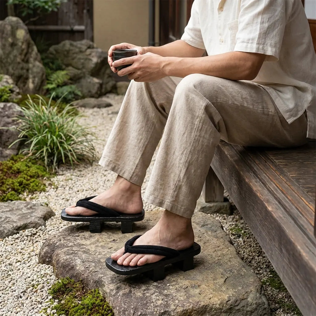 Mann sitzt erneut im japanischen Garten und trägt Geta Sandalen mit weißen Tabi-Socken