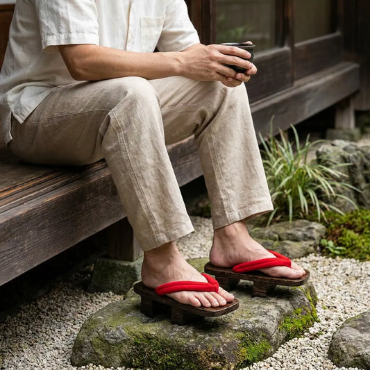 Mann sitzt im japanischen Garten und trägt Geta Sandalen mit weißen Tabi-Socken