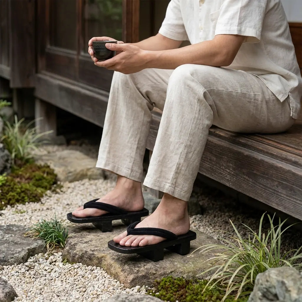 Mann sitzt im japanischen Garten und trägt Geta Sandalen mit weißen Tabi-Socken