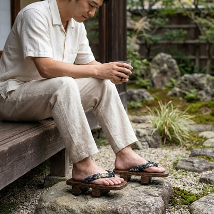 Geta Sandalen getragen mit weißen Tabi-Socken auf einem Gartenweg