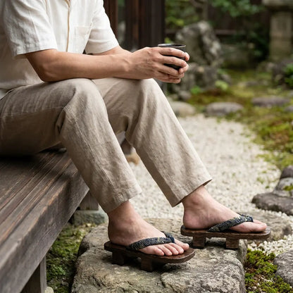 Geta Sandalen mit weißen Tabi Socken auf einem steinigen Gartenweg getragen
