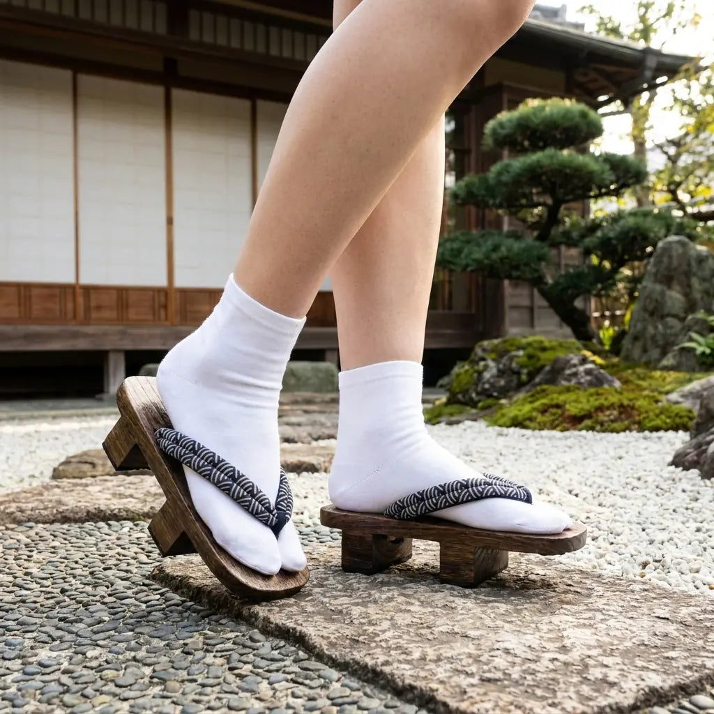 Geta Seigaiha Sandale mit brauner Holzmaserung in einem japanischen Garten