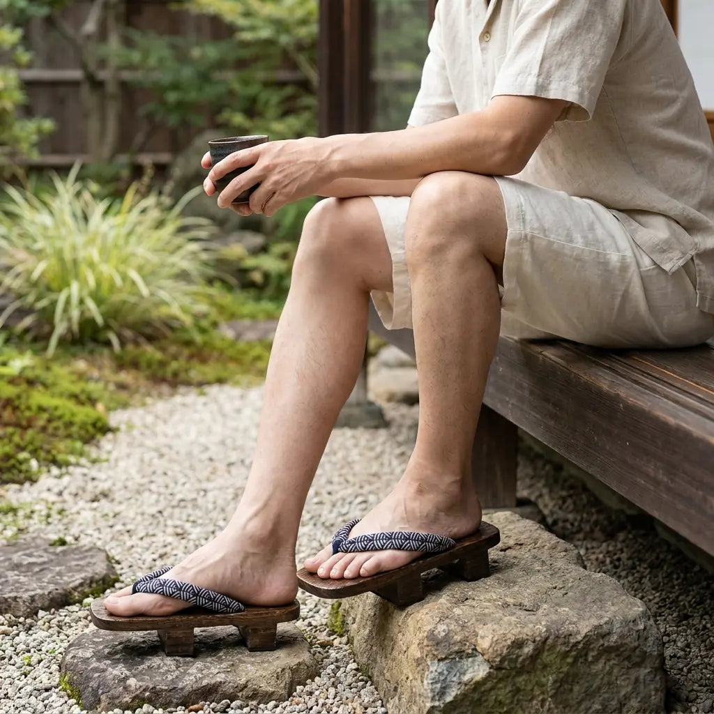 Geta Seigaiha Sandalen im Freien getragen mit weißen Tabi-Socken