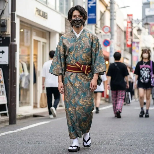 Herrenkimono in Gold, Detailansicht von Schnitt und Ärmeln