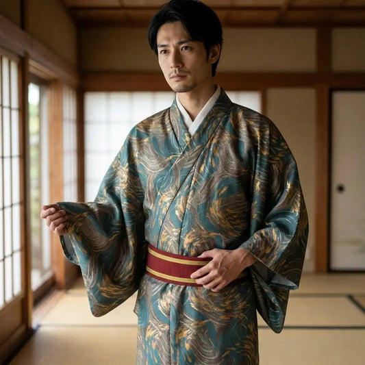 Gold Kimono Herren in warmem Goldton, Vorderansicht mit weiten Ärmeln