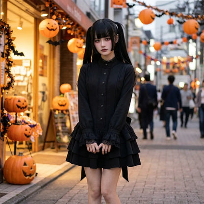 Gothic Lolita Kleid an Halloween auf einer Straße in Tokio mit Laternen und Kürbissen